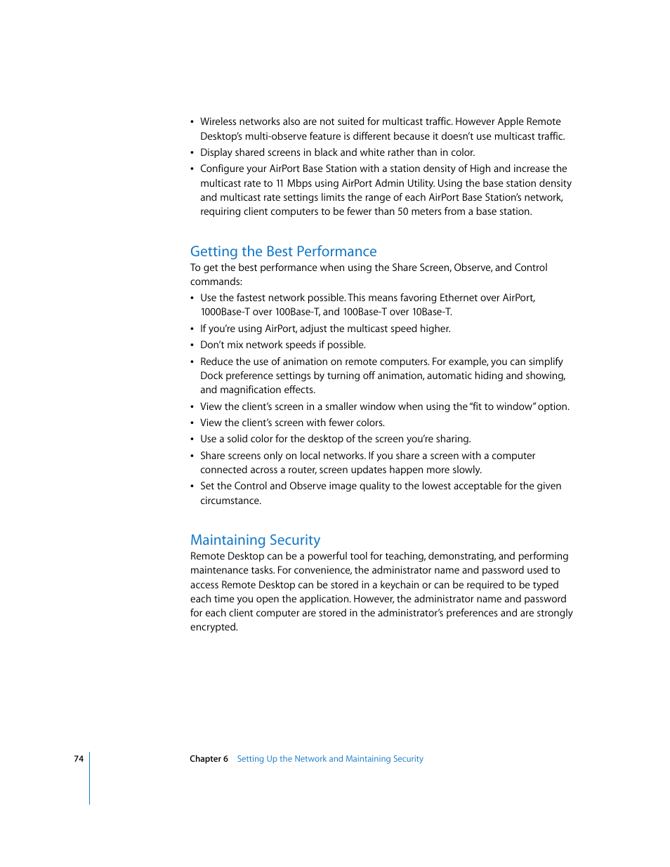Getting the best performance, Maintaining security | Apple Remote Desktop 3.1 User Manual | Page 74 / 191