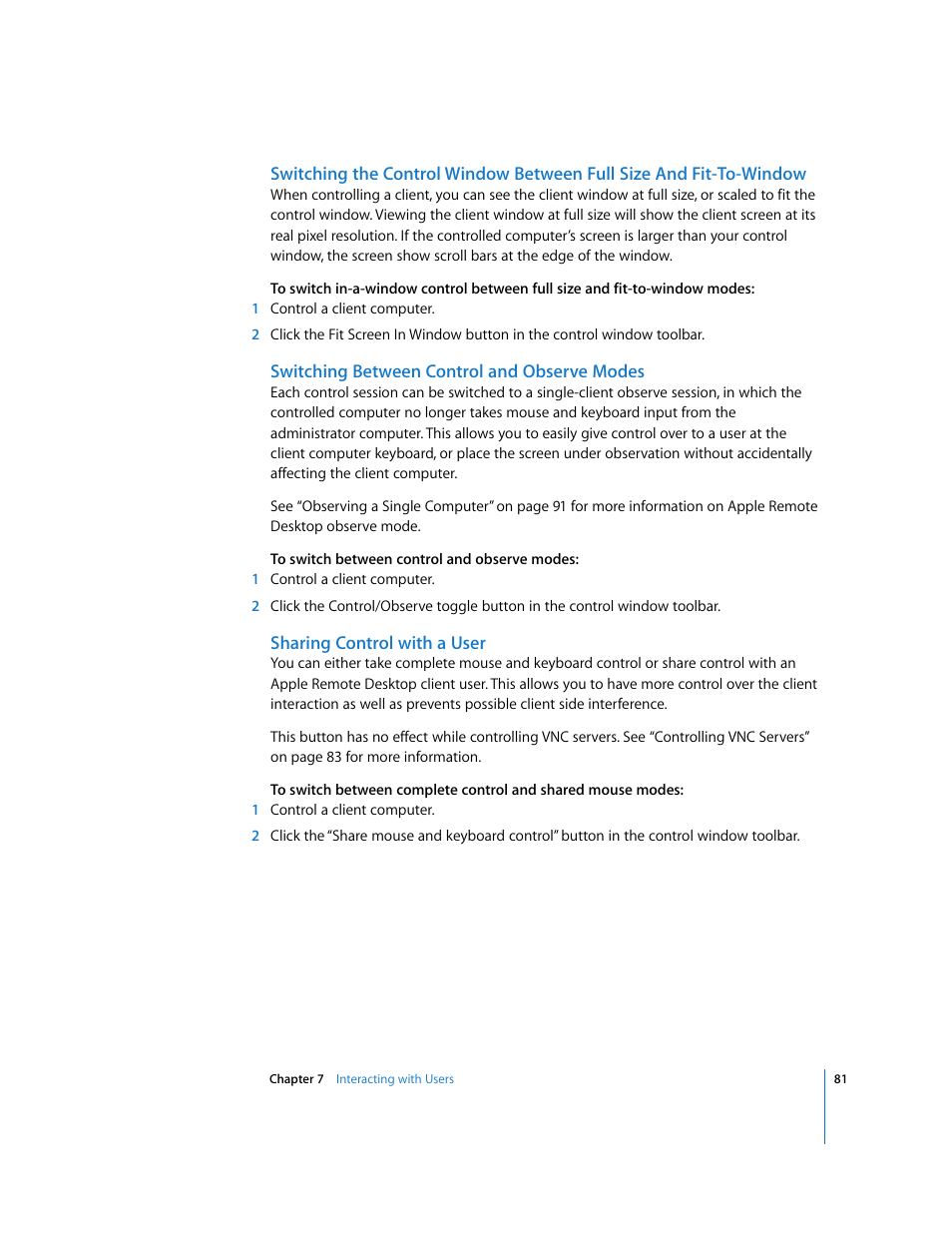 Switching between control and observe modes, Sharing control with a user | Apple Remote Desktop 3.1 User Manual | Page 81 / 191