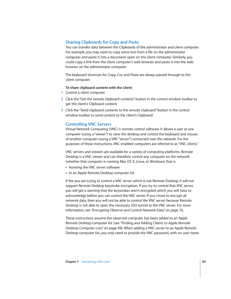 Sharing clipboards for copy and paste, Controlling vnc servers | Apple Remote Desktop 3.1 User Manual | Page 83 / 191