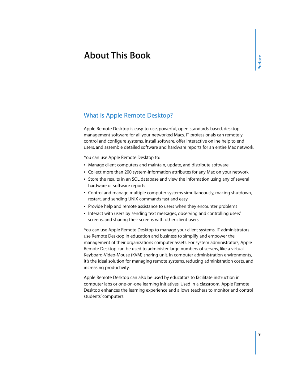 About this book, Preface, What is apple remote desktop | Apple Remote Desktop 3.1 User Manual | Page 9 / 191
