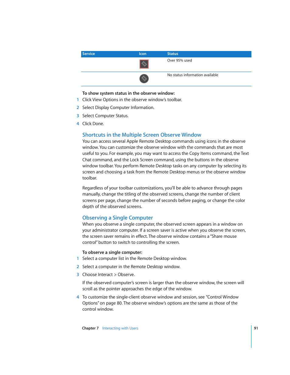 Shortcuts in the multiple screen observe window, Observing a single computer | Apple Remote Desktop 3.1 User Manual | Page 91 / 191