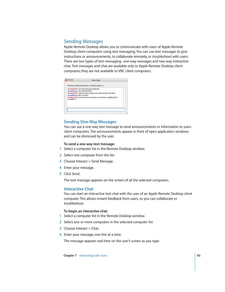 Sending messages, Sending one-way messages, Interactive chat | Apple Remote Desktop 3.1 User Manual | Page 93 / 191