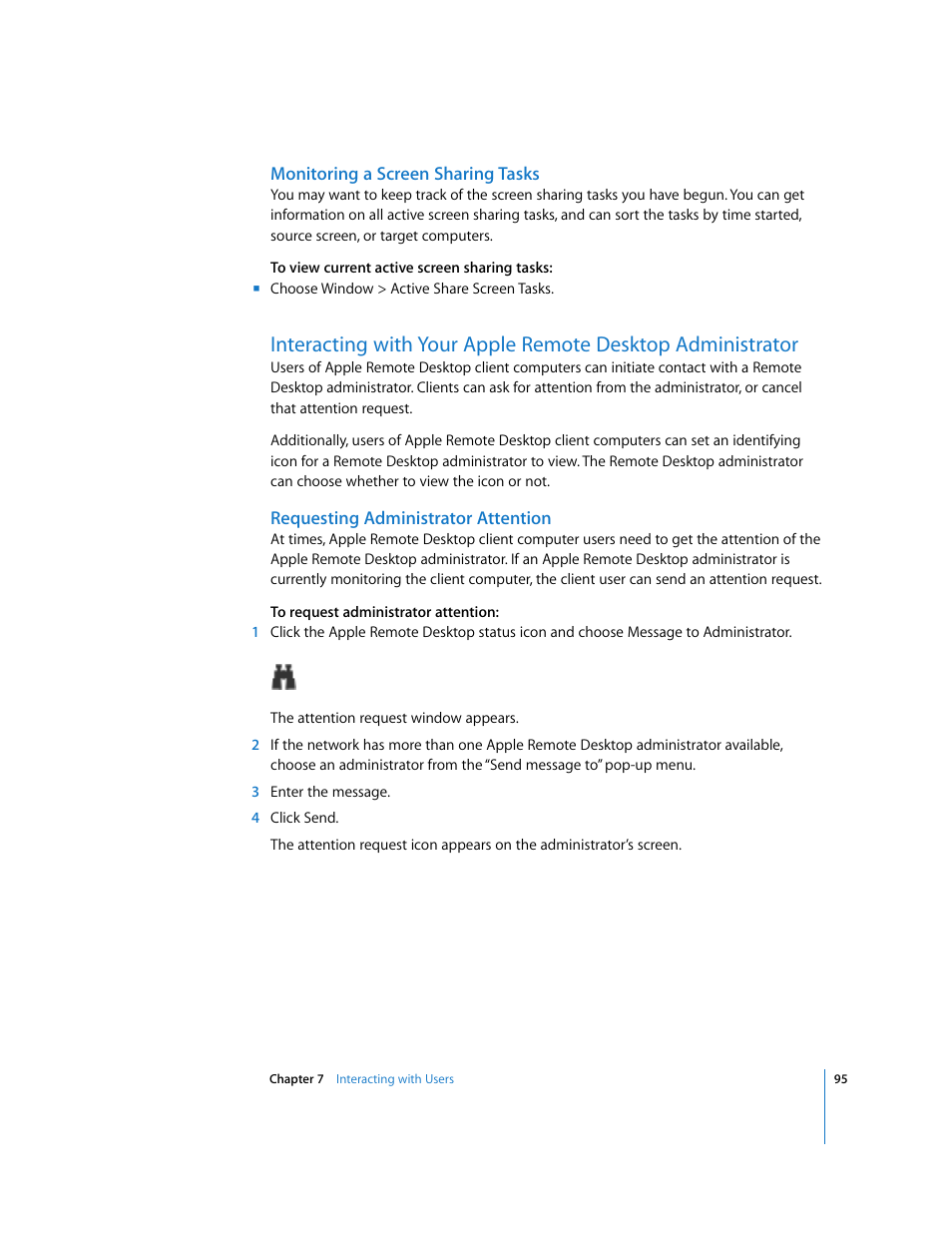 Monitoring a screen sharing tasks, Requesting administrator attention | Apple Remote Desktop 3.1 User Manual | Page 95 / 191
