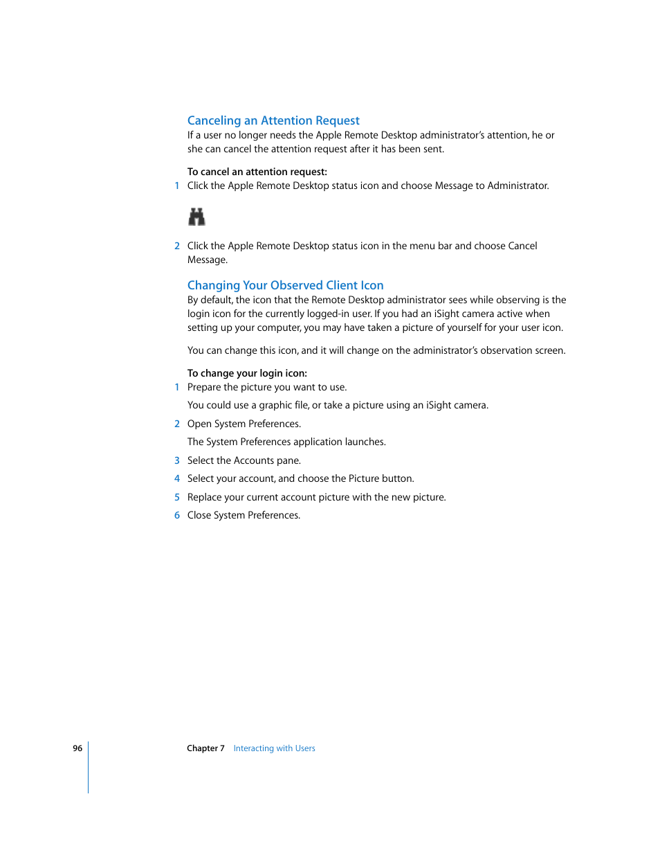 Canceling an attention request, Changing your observed client icon | Apple Remote Desktop 3.1 User Manual | Page 96 / 191