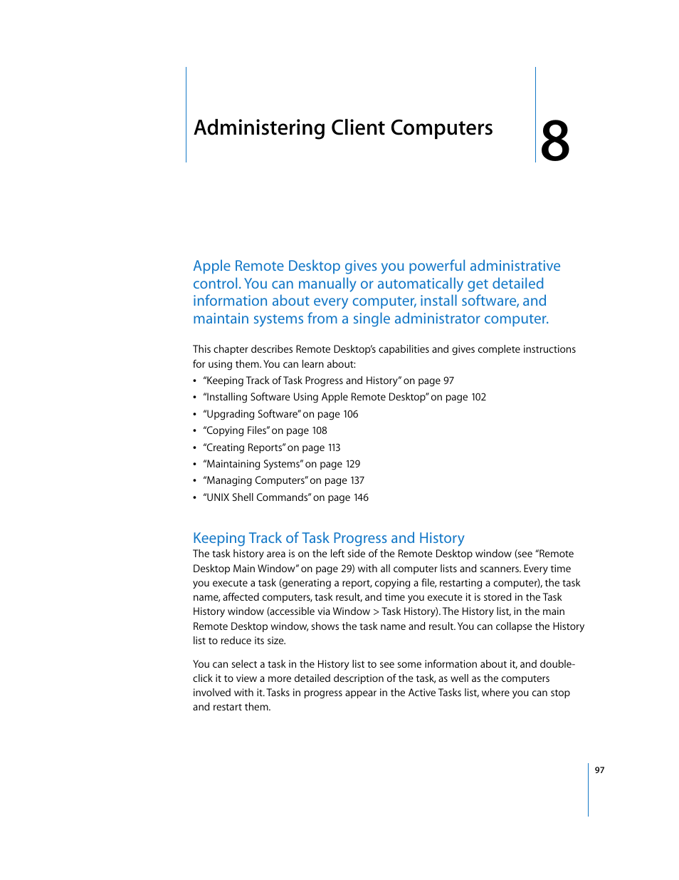 Administering client computers, Keeping track of task progress and history, Chapter 8 | Apple Remote Desktop 3.1 User Manual | Page 97 / 191