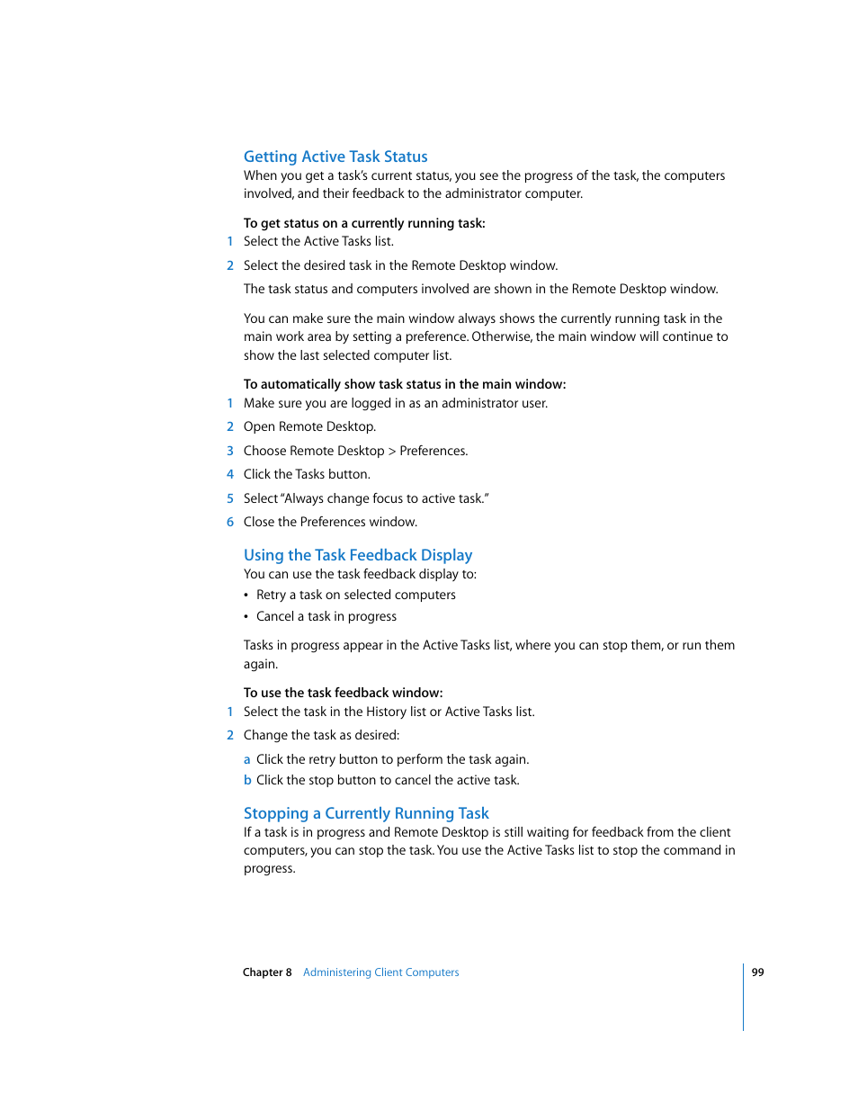 Getting active task status, Using the task feedback display, Stopping a currently running task | Apple Remote Desktop 3.1 User Manual | Page 99 / 191