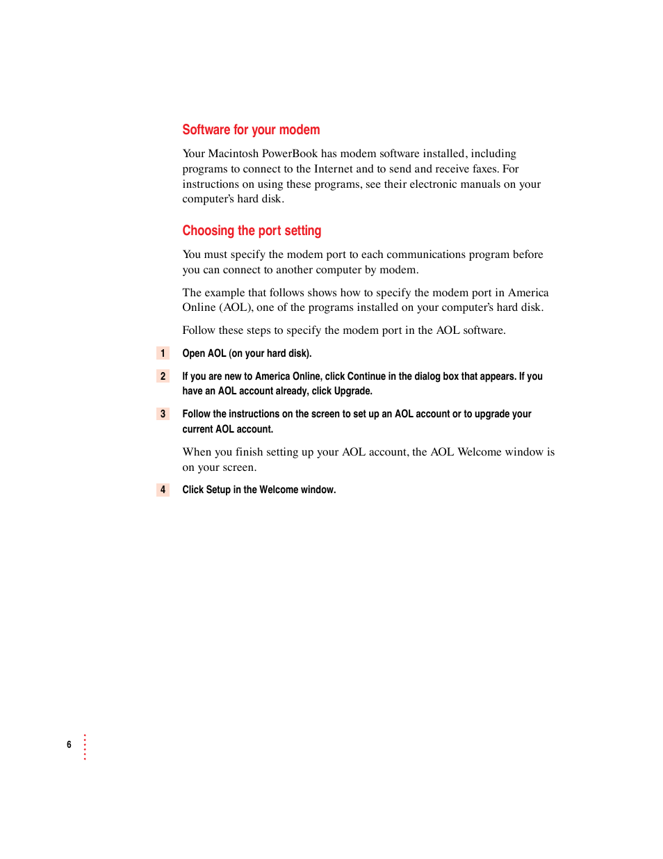 Software for your modem, Choosing the port setting | Apple Macintosh PowerBook Internal Modem/Ethernet User Manual | Page 6 / 23