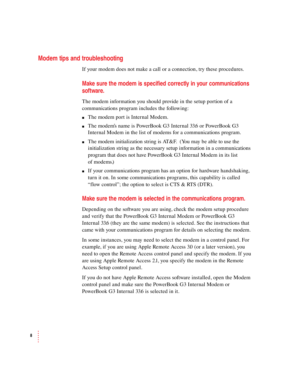 Modem tips and troubleshooting | Apple Macintosh PowerBook Internal Modem/Ethernet User Manual | Page 8 / 23