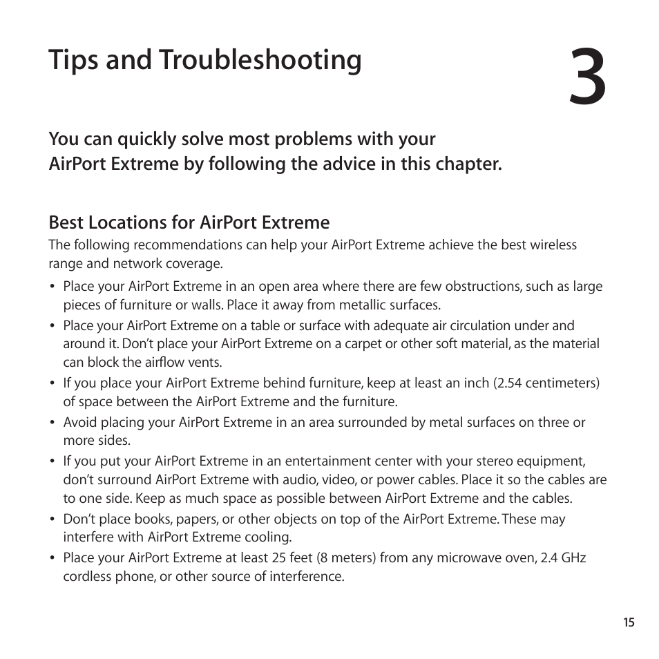 Tips and troubleshooting, Best locations for airport extreme | Apple AirPort Extreme 802.11ac User Manual | Page 15 / 32