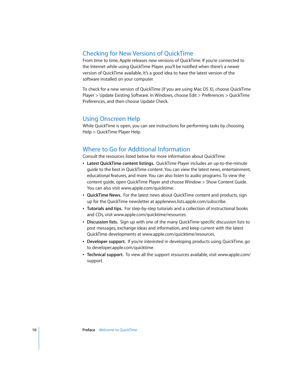 Checking for new versions of quicktime, Using onscreen help, Where to go for additional information | Apple QuickTime 7.2 User Manual | Page 10 / 61