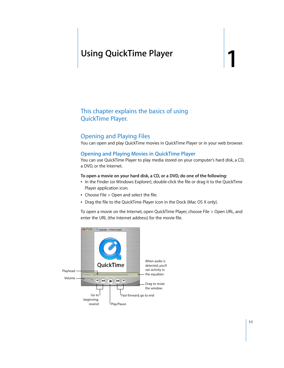 Using quicktime player, Opening and playing files, Opening and playing movies in quicktime player | Chapter 1 | Apple QuickTime 7.2 User Manual | Page 11 / 61
