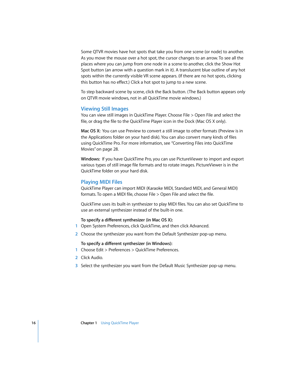 Viewing still images, Playing midi files | Apple QuickTime 7.2 User Manual | Page 16 / 61
