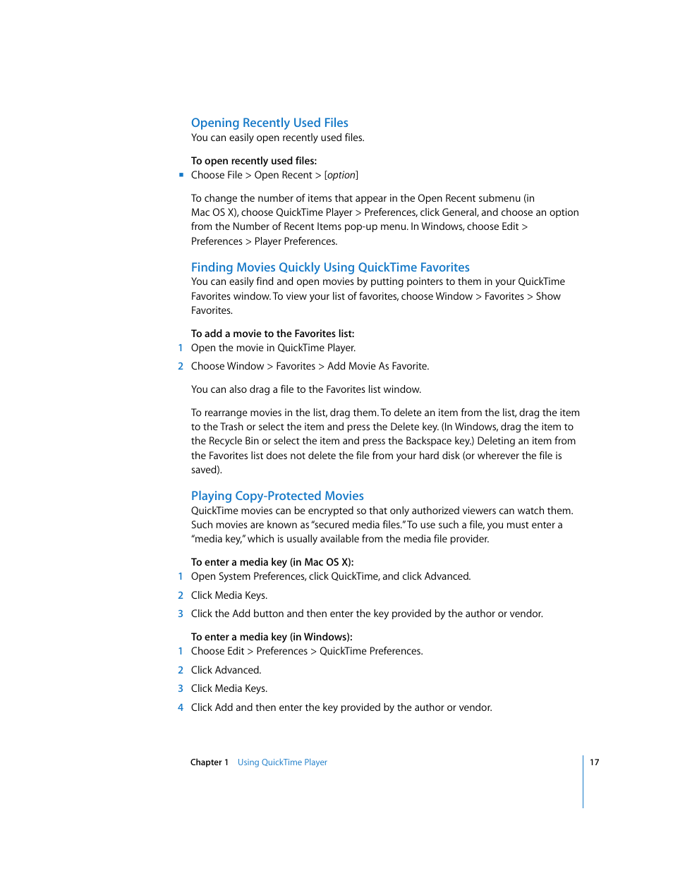 Opening recently used files, Finding movies quickly using quicktime favorites, Playing copy-protected movies | Apple QuickTime 7.2 User Manual | Page 17 / 61
