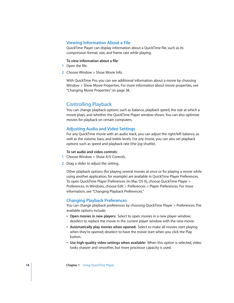 Viewing information about a file, Controlling playback, Adjusting audio and video settings | Changing playback preferences | Apple QuickTime 7.2 User Manual | Page 18 / 61