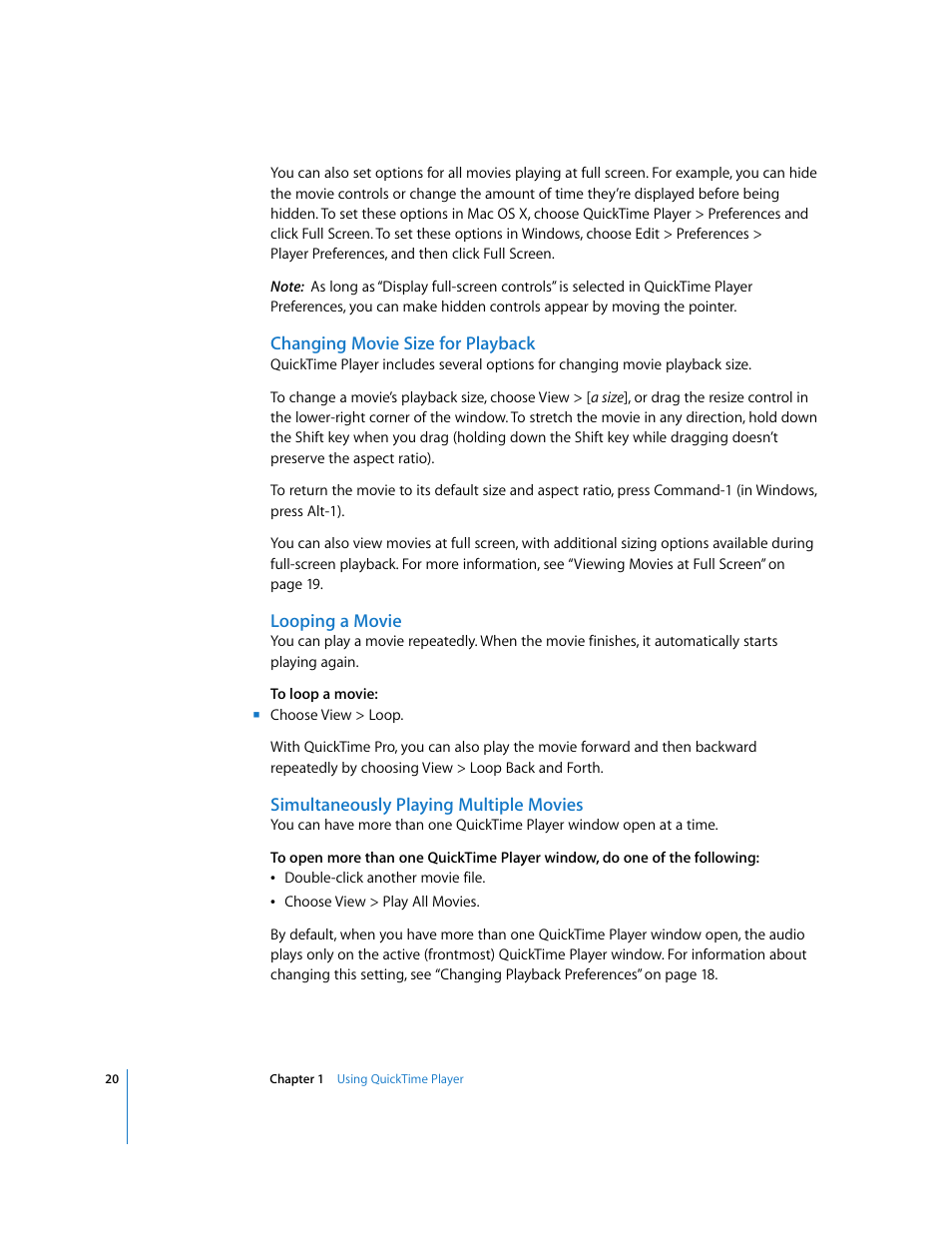 Changing movie size for playback, Looping a movie, Simultaneously playing multiple movies | Apple QuickTime 7.2 User Manual | Page 20 / 61