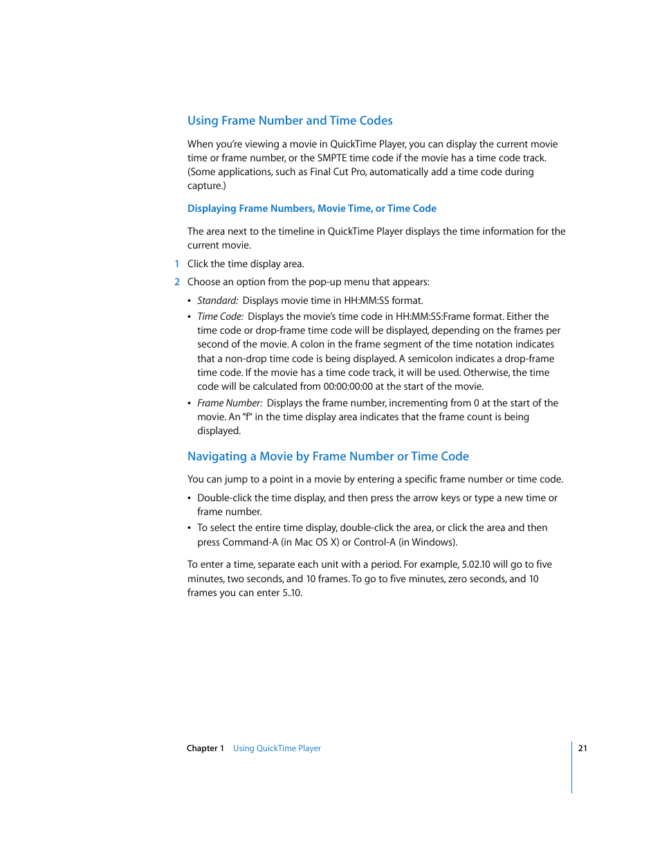 Using frame number and time codes, Navigating a movie by frame number or time code | Apple QuickTime 7.2 User Manual | Page 21 / 61