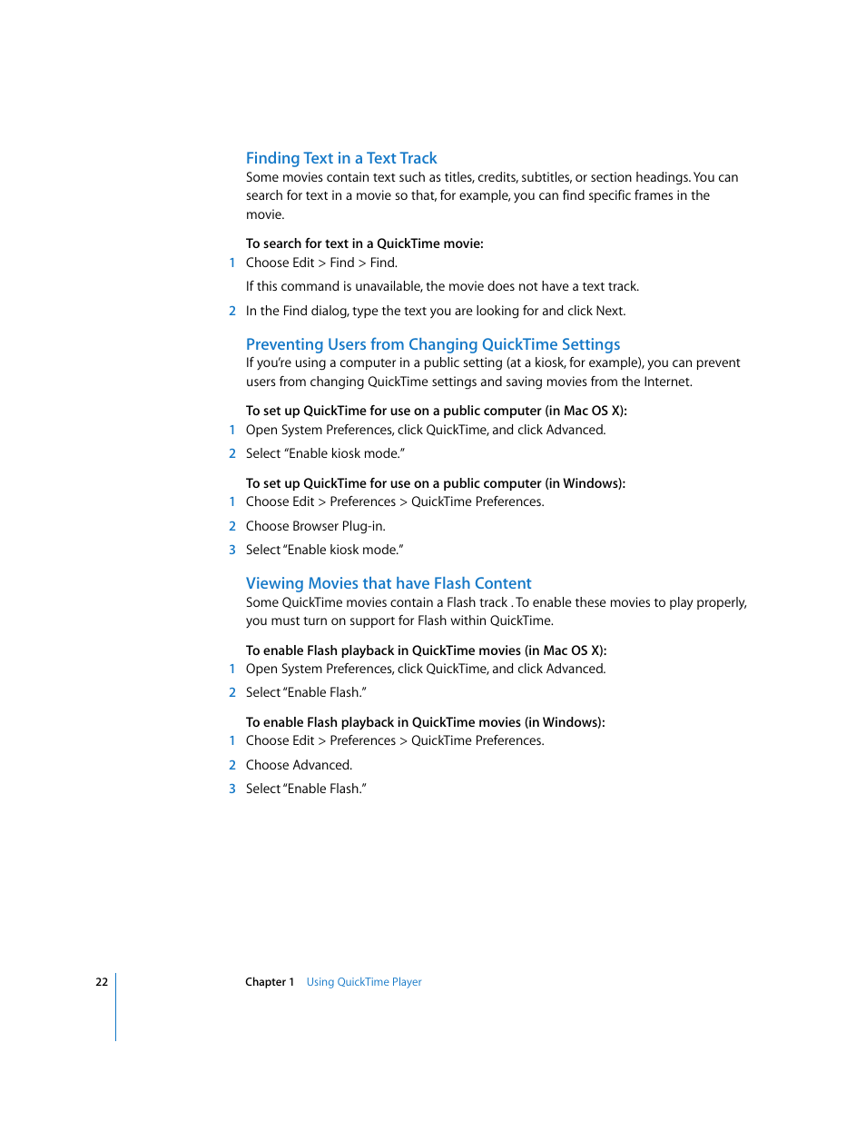 Finding text in a text track, Preventing users from changing quicktime settings, Viewing movies that have flash content | Apple QuickTime 7.2 User Manual | Page 22 / 61