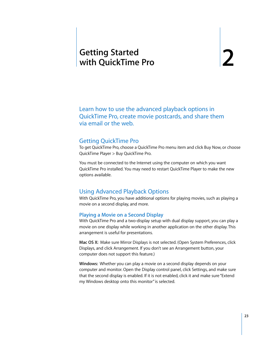 Getting started withquicktimepro, Getting quicktime pro, Using advanced playback options | Playing a movie on a second display, Chapter 2, Getting started with quicktime pro | Apple QuickTime 7.2 User Manual | Page 23 / 61