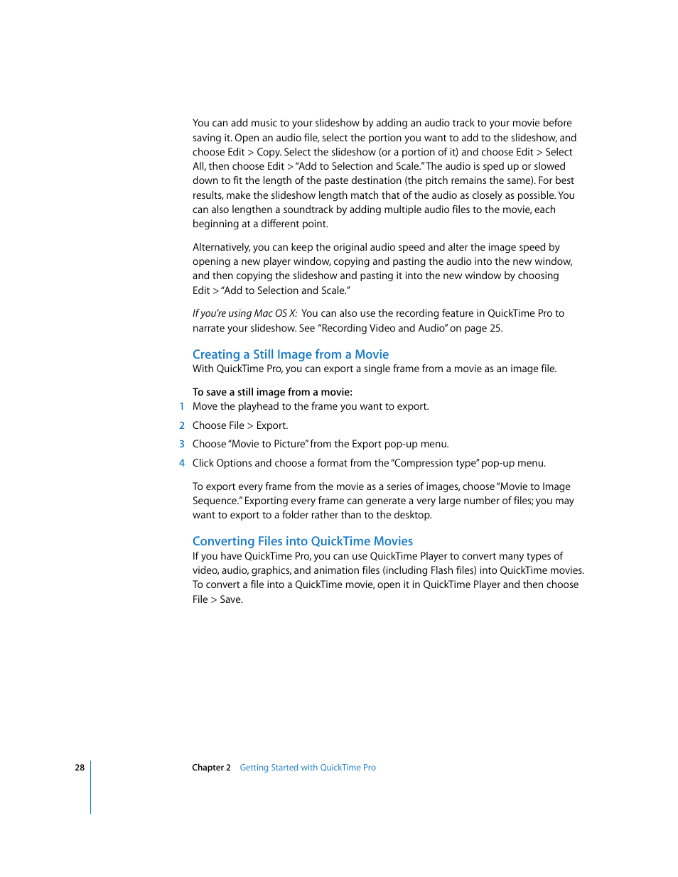 Creating a still image from a movie, Converting files into quicktime movies | Apple QuickTime 7.2 User Manual | Page 28 / 61