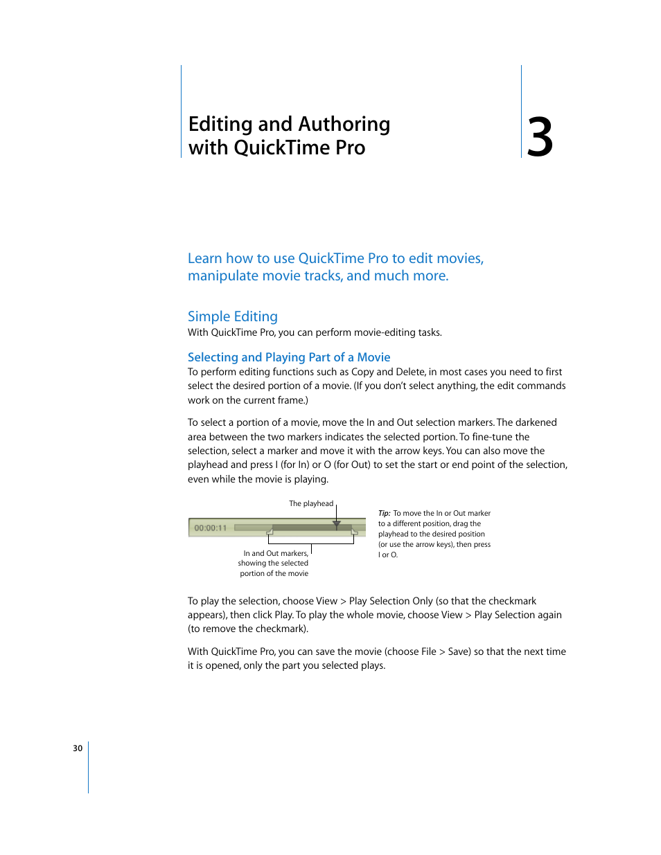 Editing and authoring withquicktime pro, Simple editing, Selecting and playing part of a movie | Chapter 3, Editing and authoring with quicktime pro | Apple QuickTime 7.2 User Manual | Page 30 / 61