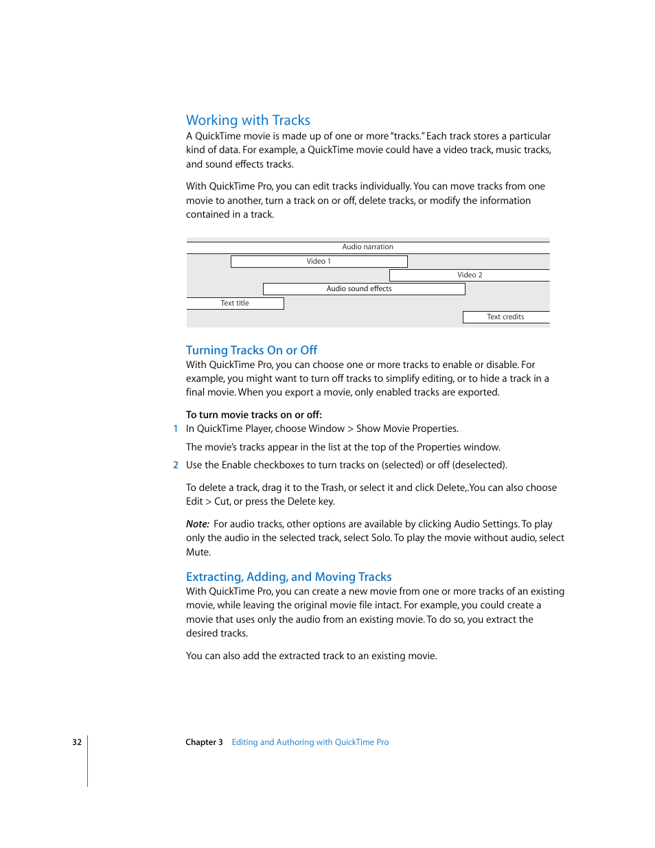 Working with tracks, Turning tracks on or off, Extracting, adding, and moving tracks | Apple QuickTime 7.2 User Manual | Page 32 / 61