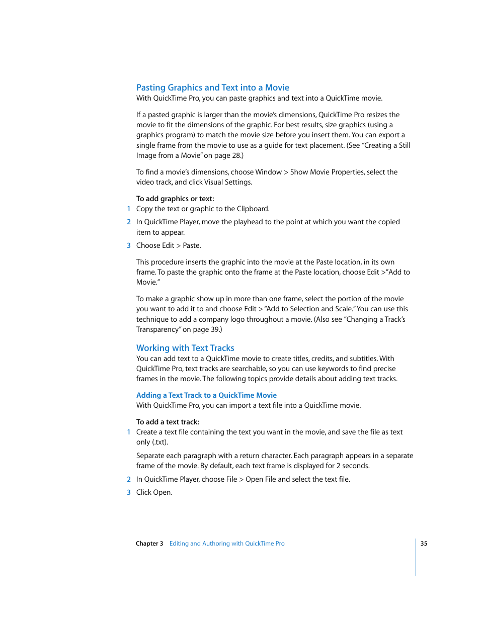 Pasting graphics and text into a movie, Working with text tracks | Apple QuickTime 7.2 User Manual | Page 35 / 61