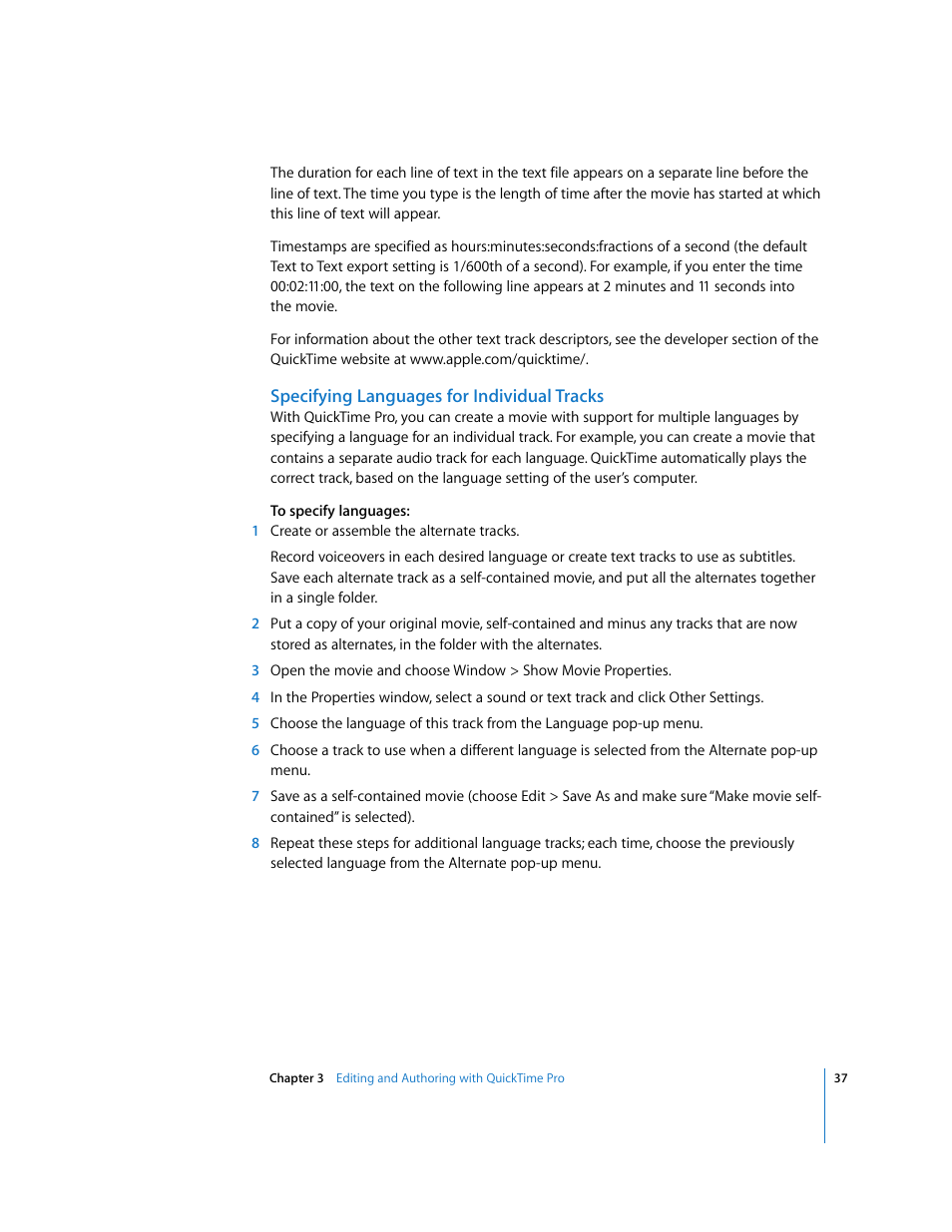 Specifying languages for individual tracks | Apple QuickTime 7.2 User Manual | Page 37 / 61