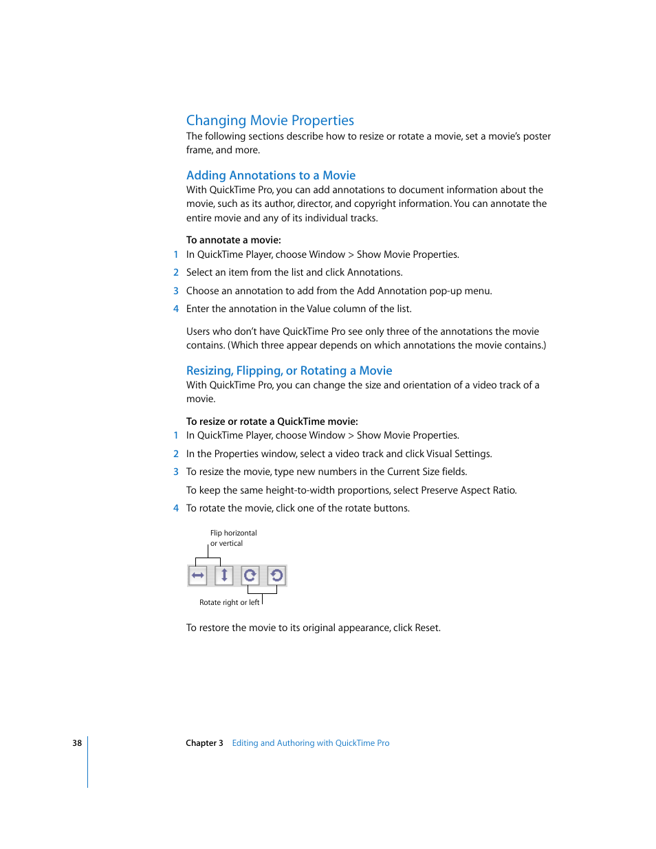Changing movie properties, Adding annotations to a movie, Resizing, flipping, or rotating a movie | Apple QuickTime 7.2 User Manual | Page 38 / 61