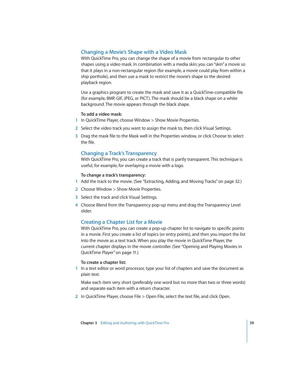 Changing a movie’s shape with a video mask, Changing a track’s transparency, Creating a chapter list for a movie | Apple QuickTime 7.2 User Manual | Page 39 / 61