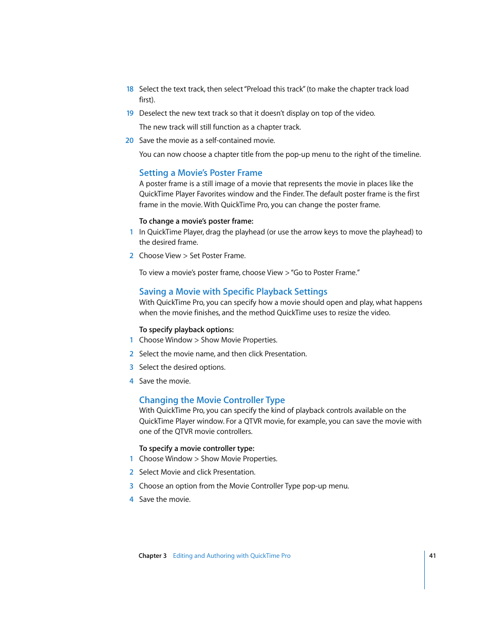 Setting a movie’s poster frame, Saving a movie with specific playback settings, Changing the movie controller type | Apple QuickTime 7.2 User Manual | Page 41 / 61