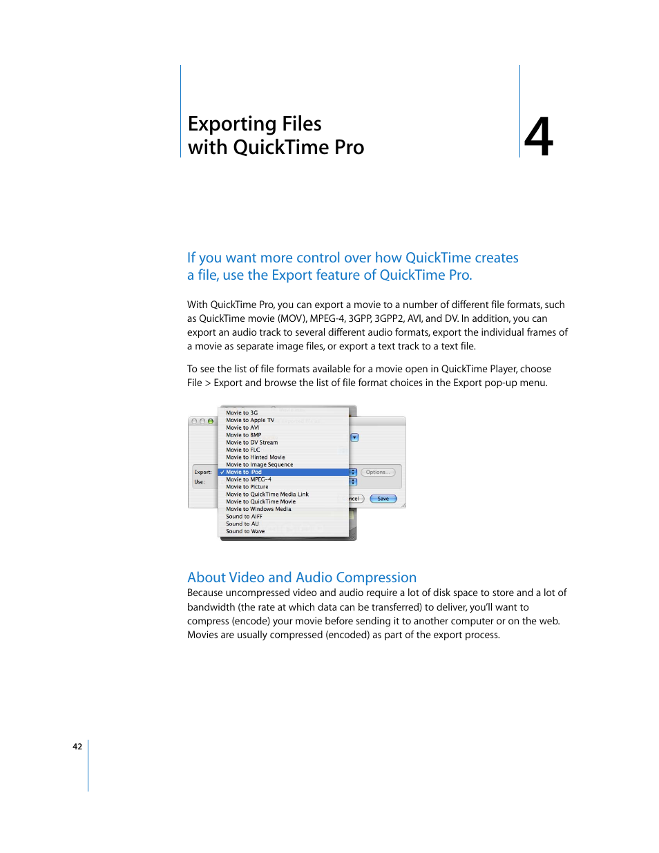 Exporting files withquicktimepro, About video and audio compression, Chapter 4 | Exporting files with quicktime pro | Apple QuickTime 7.2 User Manual | Page 42 / 61