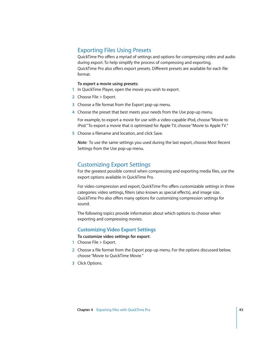 Exporting files using presets, Customizing export settings, Customizing video export settings | Apple QuickTime 7.2 User Manual | Page 43 / 61