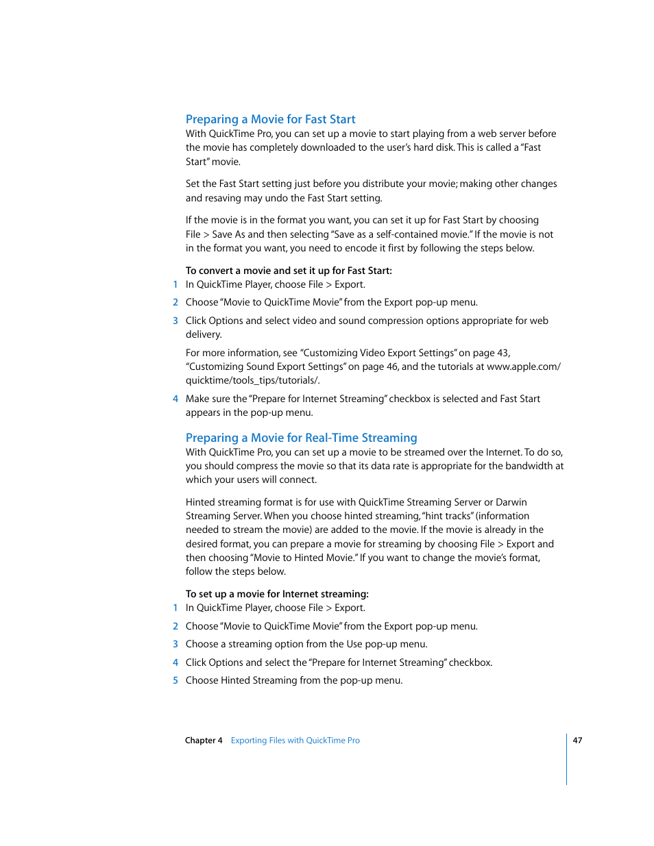 Preparing a movie for fast start, Preparing a movie for real-time streaming | Apple QuickTime 7.2 User Manual | Page 47 / 61