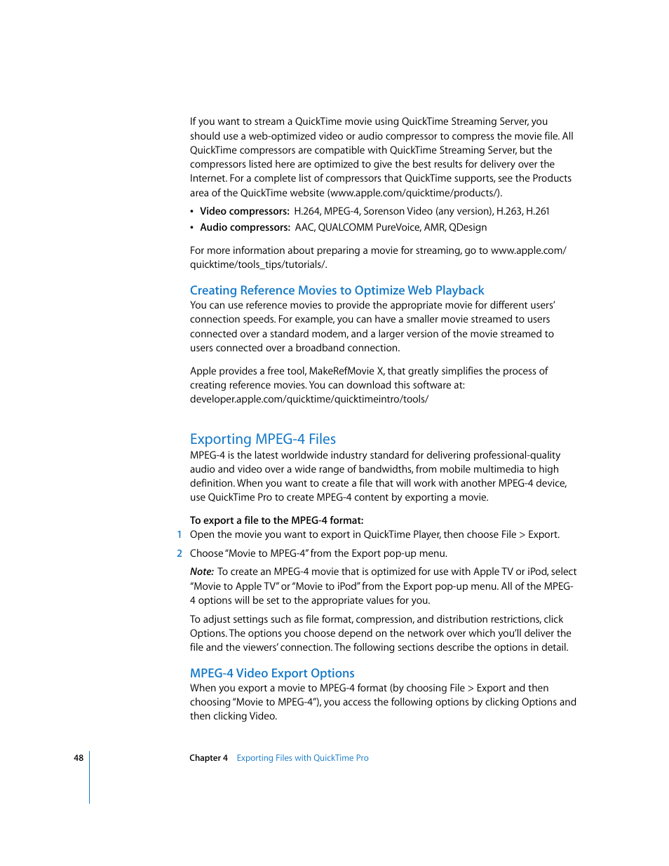 Creating reference movies to optimize web playback, Exporting mpeg-4 files, Mpeg-4 video export options | Apple QuickTime 7.2 User Manual | Page 48 / 61