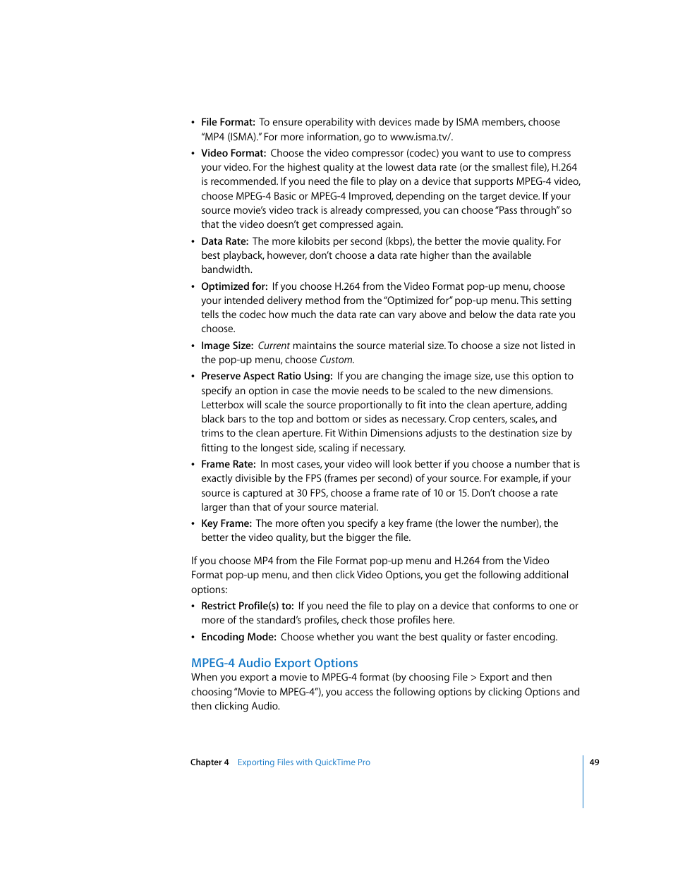 Mpeg-4 audio export options | Apple QuickTime 7.2 User Manual | Page 49 / 61