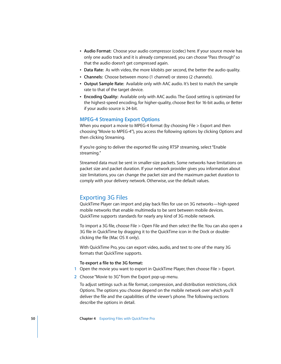 Mpeg-4 streaming export options, Exporting 3g files | Apple QuickTime 7.2 User Manual | Page 50 / 61