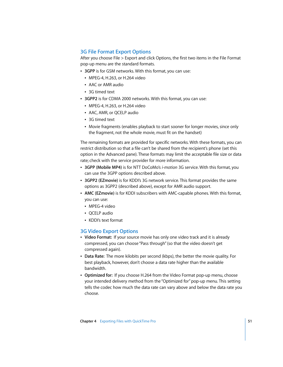 3g file format export options, 3g video export options | Apple QuickTime 7.2 User Manual | Page 51 / 61