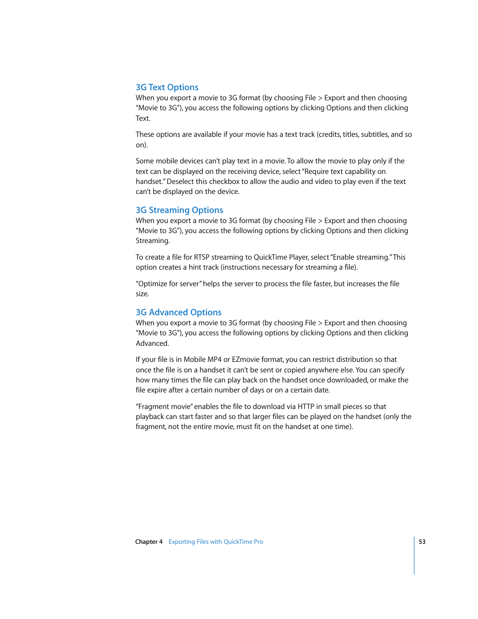 3g text options, 3g streaming options, 3g advanced options | Apple QuickTime 7.2 User Manual | Page 53 / 61