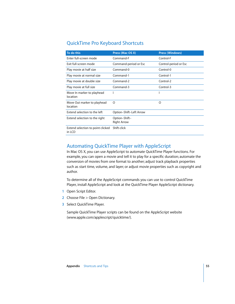 Quicktime pro keyboard shortcuts, Automating quicktime player with applescript | Apple QuickTime 7.2 User Manual | Page 55 / 61