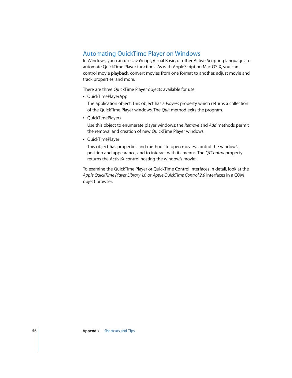 Automating quicktime player on windows | Apple QuickTime 7.2 User Manual | Page 56 / 61