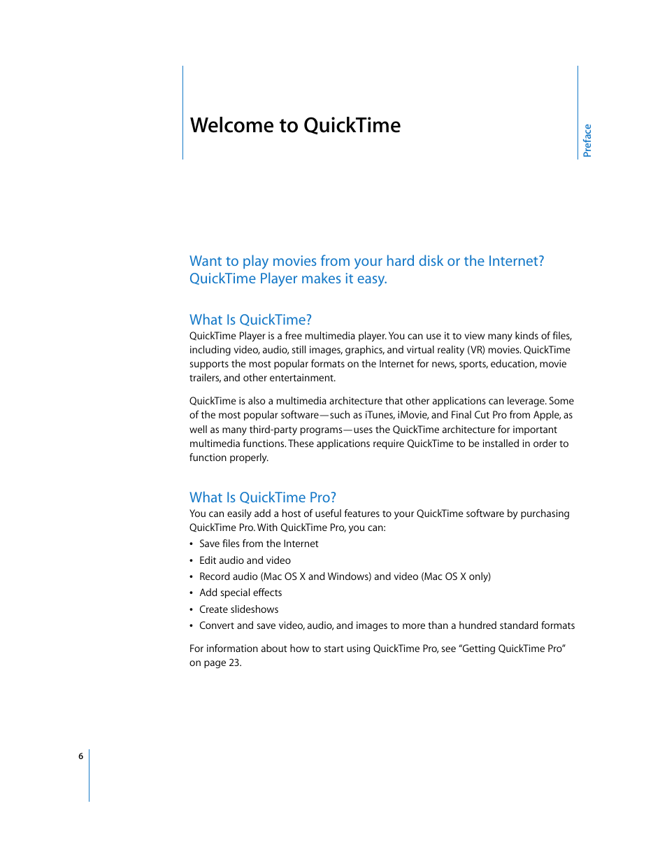 Welcome to quicktime, What is quicktime, What is quicktime pro | Preface | Apple QuickTime 7.2 User Manual | Page 6 / 61