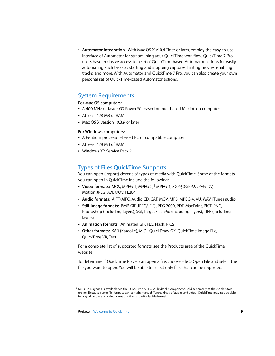 System requirements, Types of files quicktime supports | Apple QuickTime 7.2 User Manual | Page 9 / 61