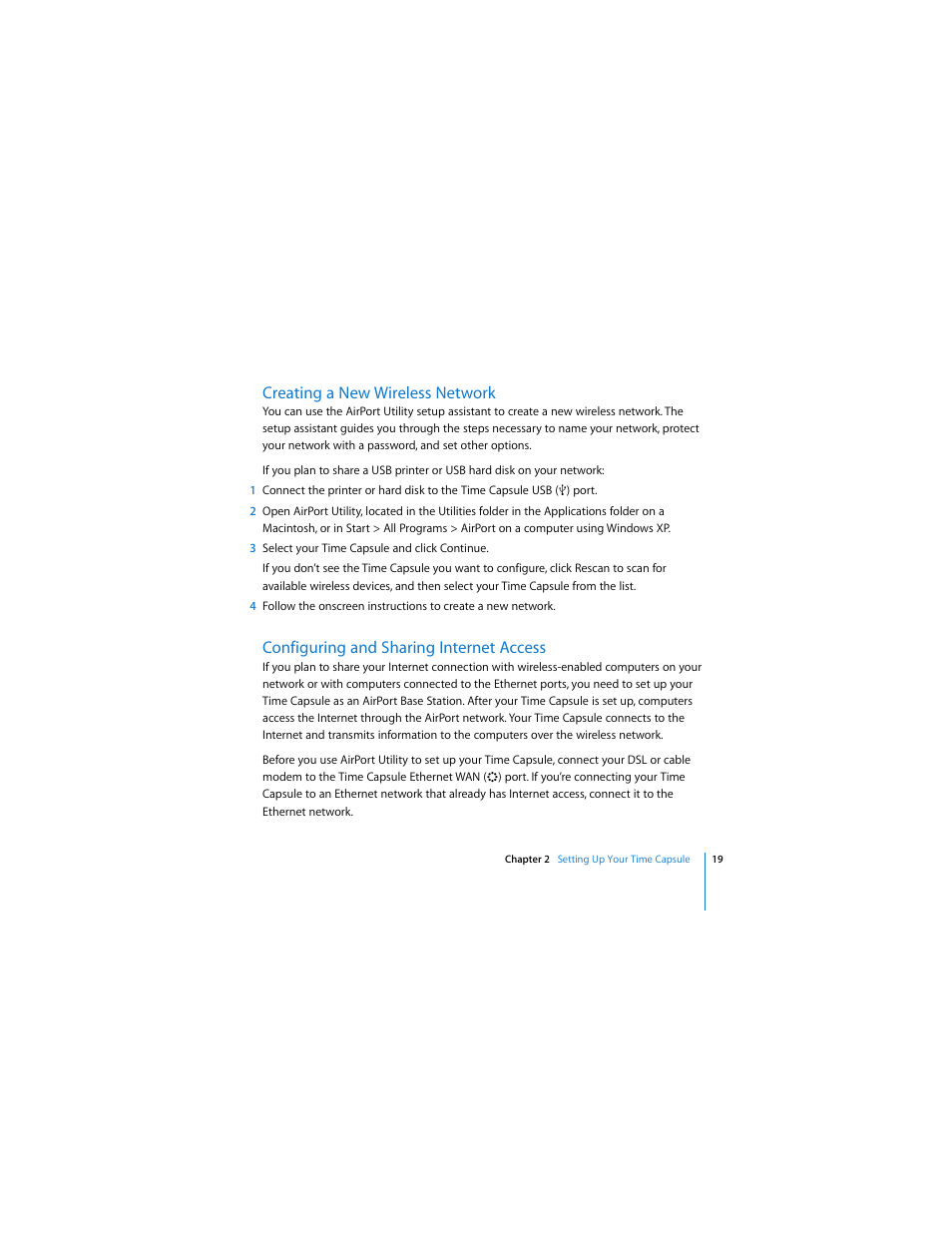 Creating a new wireless network, Configuring and sharing internet access | Apple AirPort Time Capsule 802.11n (2nd Generation) User Manual | Page 19 / 40