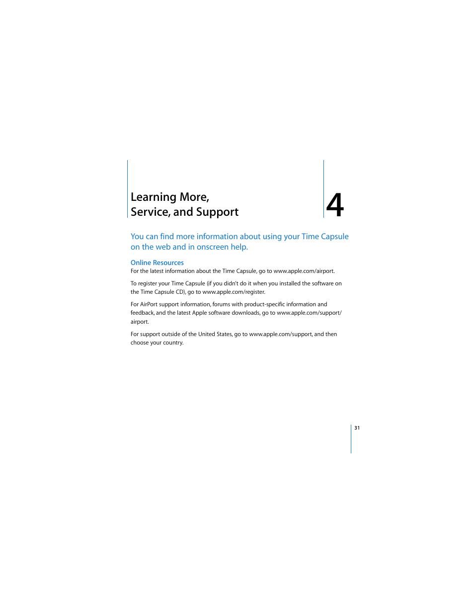 Learning more, service,andsupport, Online resources, Learning more, service, and support | Apple AirPort Time Capsule 802.11n (2nd Generation) User Manual | Page 31 / 40