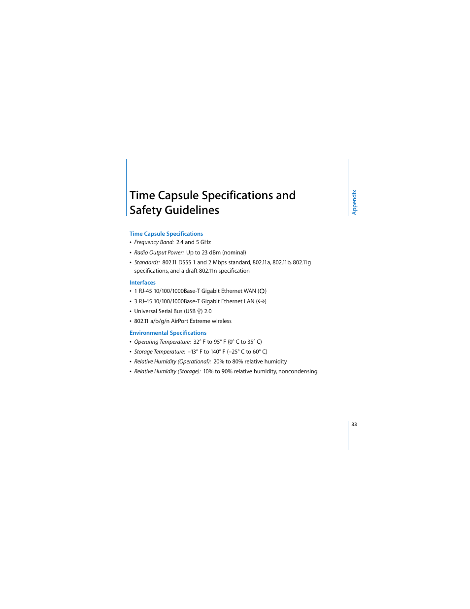 Time capsule specifications and safety guidelines | Apple AirPort Time Capsule 802.11n (2nd Generation) User Manual | Page 33 / 40