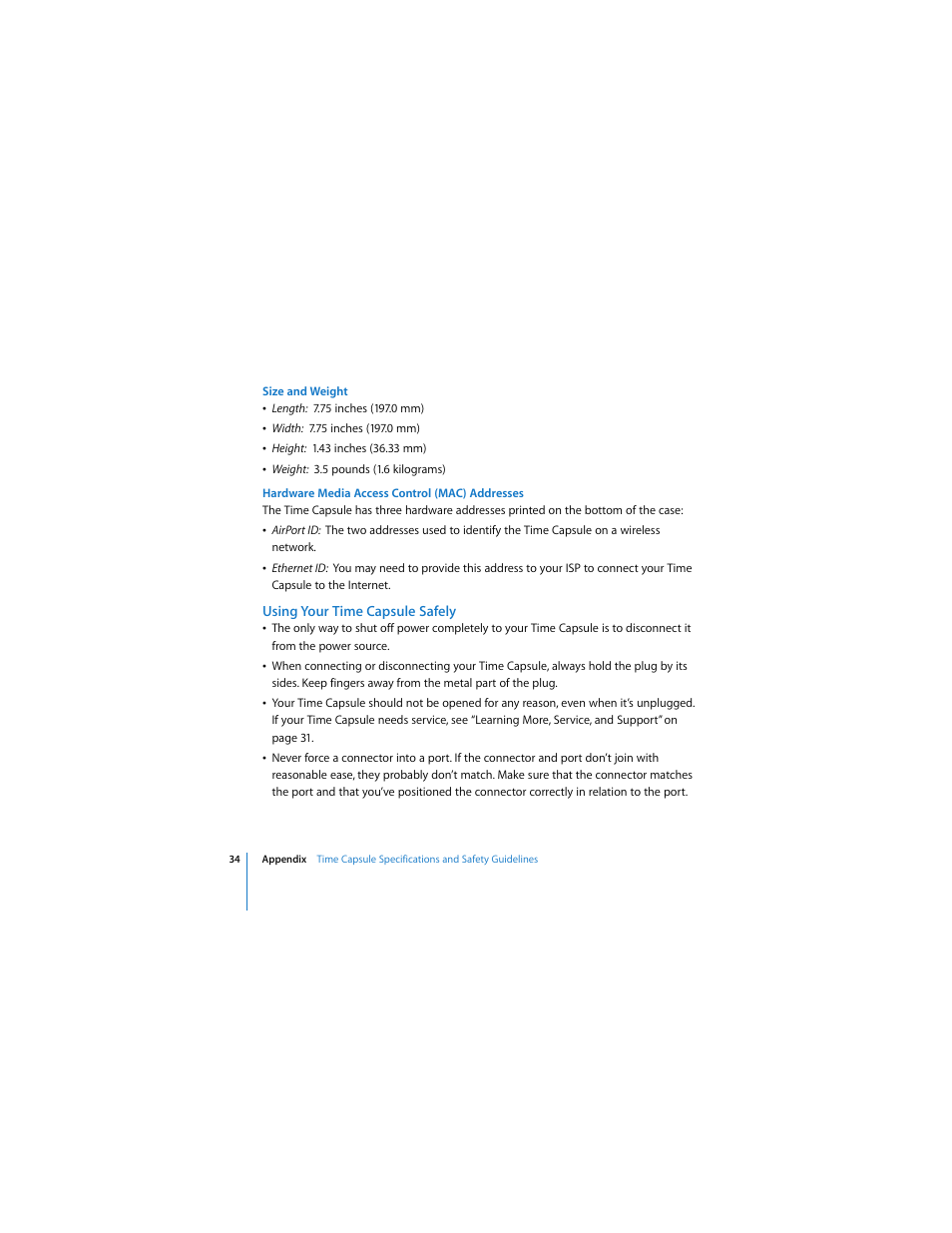 Using your time capsule safely | Apple AirPort Time Capsule 802.11n (2nd Generation) User Manual | Page 34 / 40