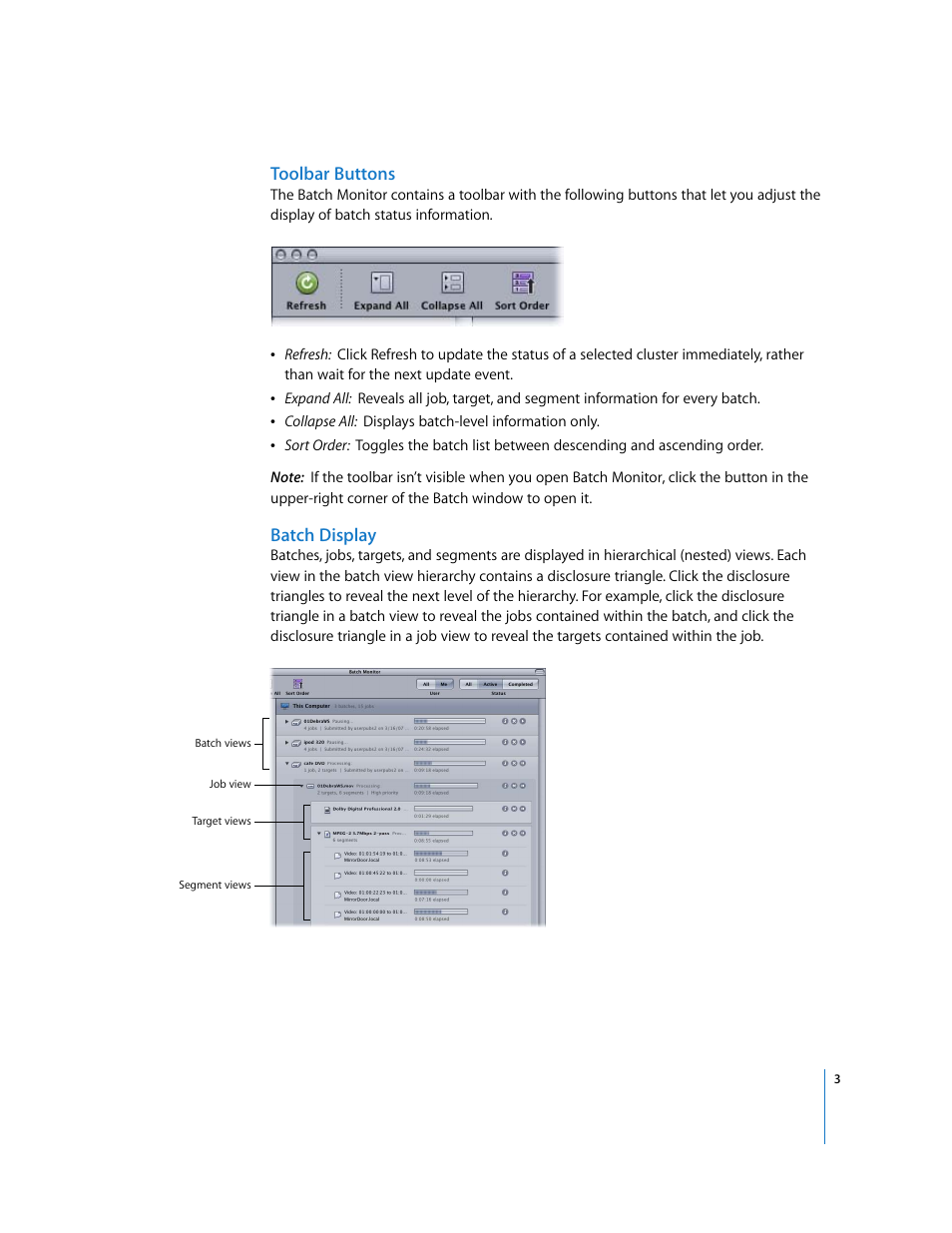 Toolbar buttons, Batch display | Apple Compressor 3 Batch Monitor User Manual | Page 3 / 9