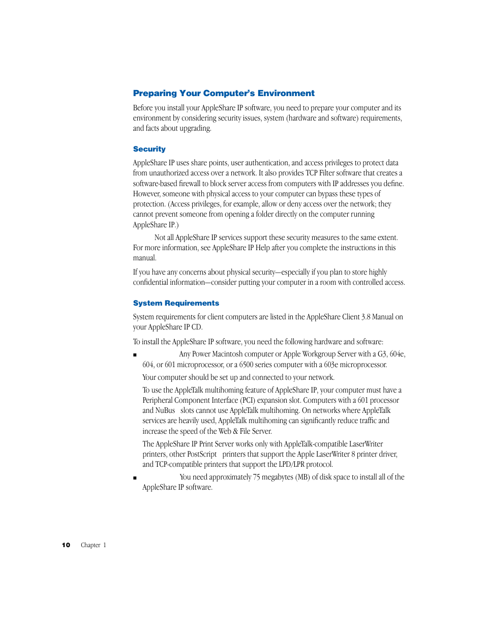 Preparing your computer’s environment, Security, System requirements | Apple AppleShare IP 6.1 User Manual | Page 10 / 72