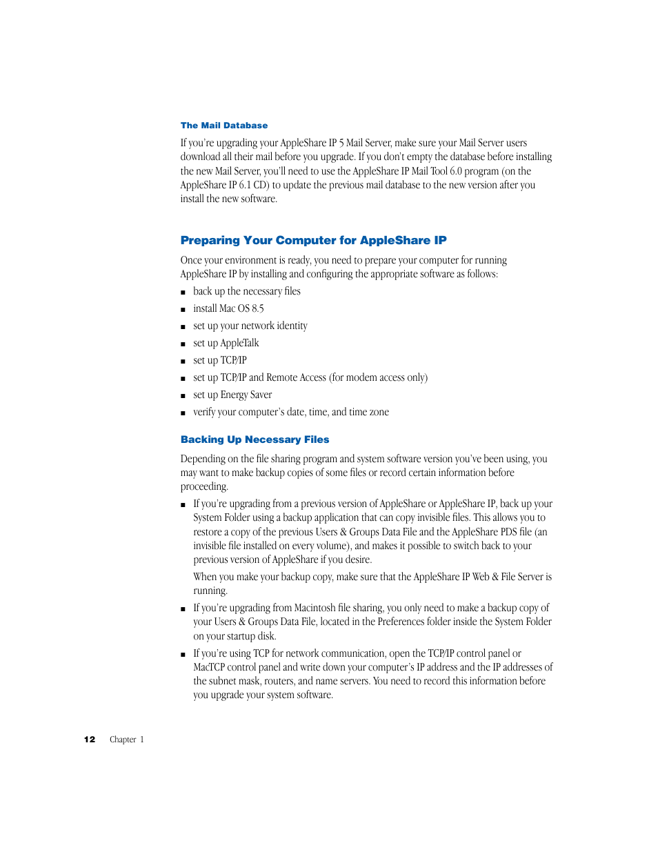 Preparing your computer for appleshare ip, Backing up necessary files | Apple AppleShare IP 6.1 User Manual | Page 12 / 72