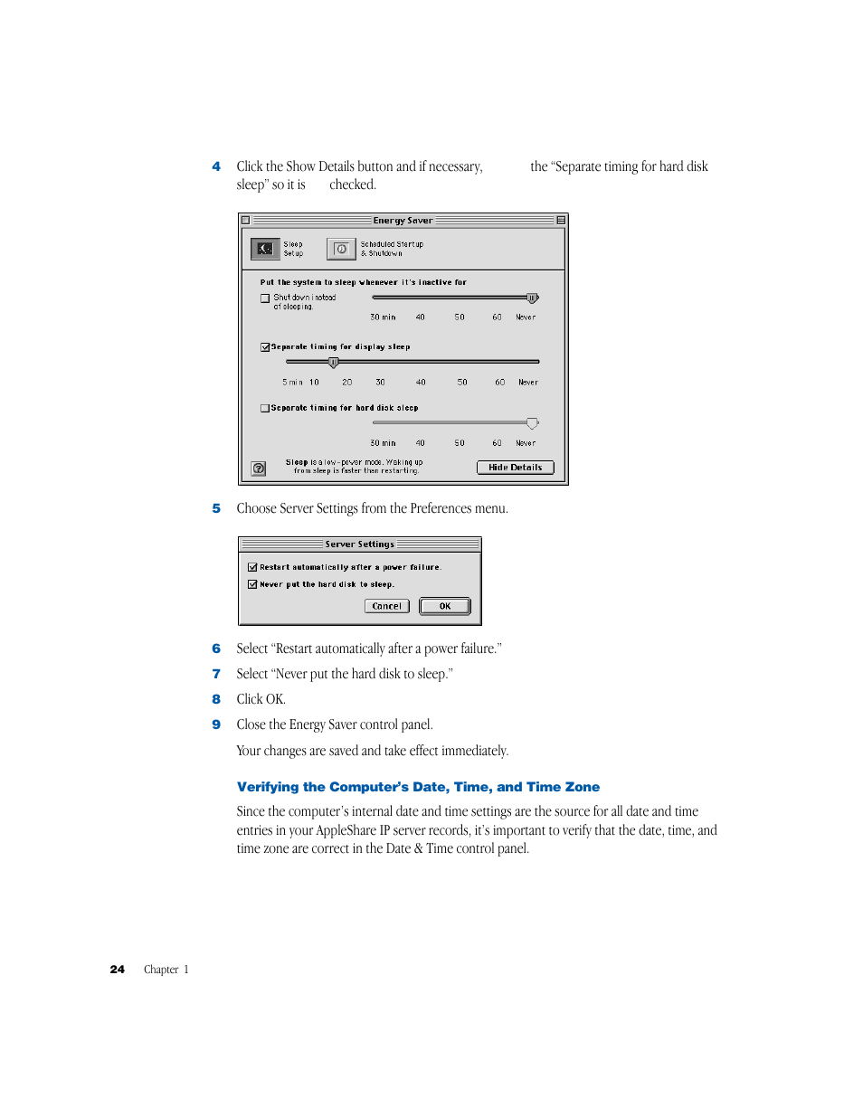 Verifying the computer’s date, time, and time zone | Apple AppleShare IP 6.1 User Manual | Page 24 / 72